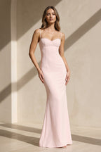 Robe longue rose à fines bretelles perlée - Harana