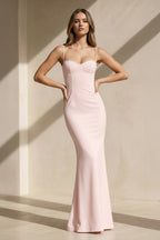 Robe longue rose à fines bretelles perlée - Harana