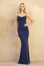 Robe longue bleu marine en dentelle à fines bretelles - Harana