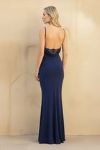 Robe longue bleu marine en dentelle à fines bretelles - Harana