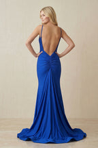 Robe longue bleu roi coupe sirène à fines bretelles perlée - Harana