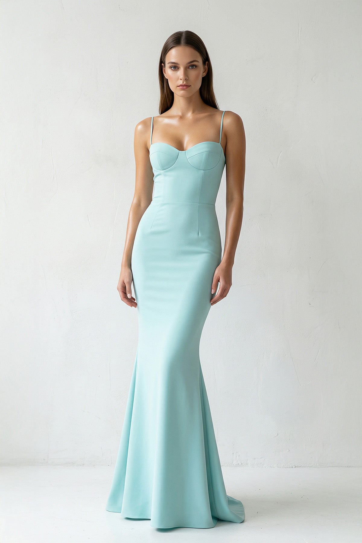 Robe longue aqua coupe sirène à fines bretelles - Harana