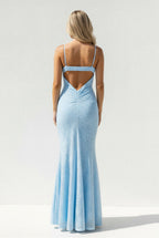Robe longue bleu ciel en dentelle coupe sirène à fines bretelles - Harana