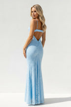 Robe longue bleu ciel en dentelle coupe sirène à fines bretelles - Harana