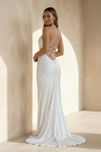 Robe de mariée blanche sirène satinée à fines bretelles sans manches - Harana