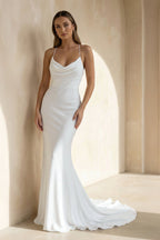 Robe de mariée blanche sirène satinée à fines bretelles sans manches - Harana