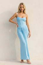 Robe longue bleu ciel à fines bretelles plissée - Harana