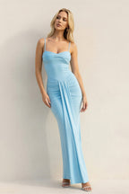 Robe longue bleu ciel à fines bretelles plissée - Harana