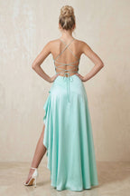 Robe longue aqua à fines bretelles effet drapé - Harana