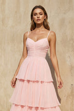 Robe longue rose poudré à fines bretelles à volants - Harana