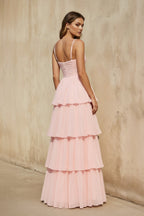 Robe longue rose poudré à fines bretelles à volants - Harana