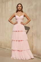 Robe longue rose poudré à fines bretelles à volants - Harana