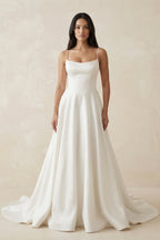 Robe de mariée blanche trapèze en satin à fines bretelles sans manches - Harana