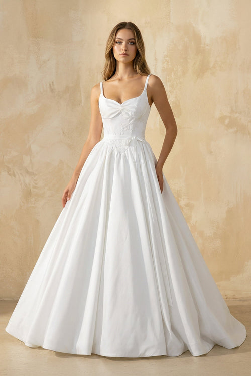Robe de mariée blanc longue à fines bretelles sans manches satinée - Harana