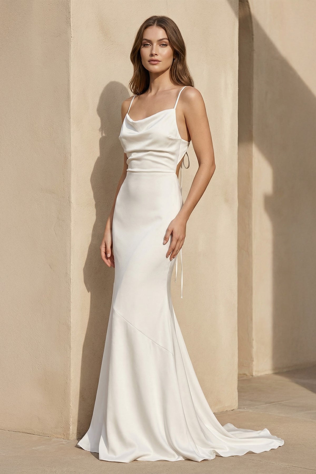 Robe de mariée ivoire sirène satinée à fines bretelles dos nu sans manches - Harana