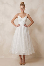 Robe de mariée blanche trapèze pailletée à fines bretelles sans manches - Harana