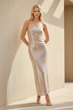 Robe longue champagne pailletée à fines bretelles - Harana