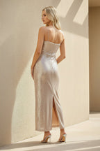Robe longue champagne pailletée à fines bretelles - Harana