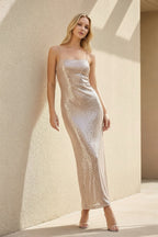 Robe longue champagne pailletée à fines bretelles - Harana