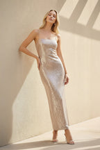 Robe longue champagne pailletée à fines bretelles - Harana