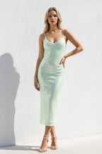 Robe midi mint green pailletée à fines bretelles - Harana