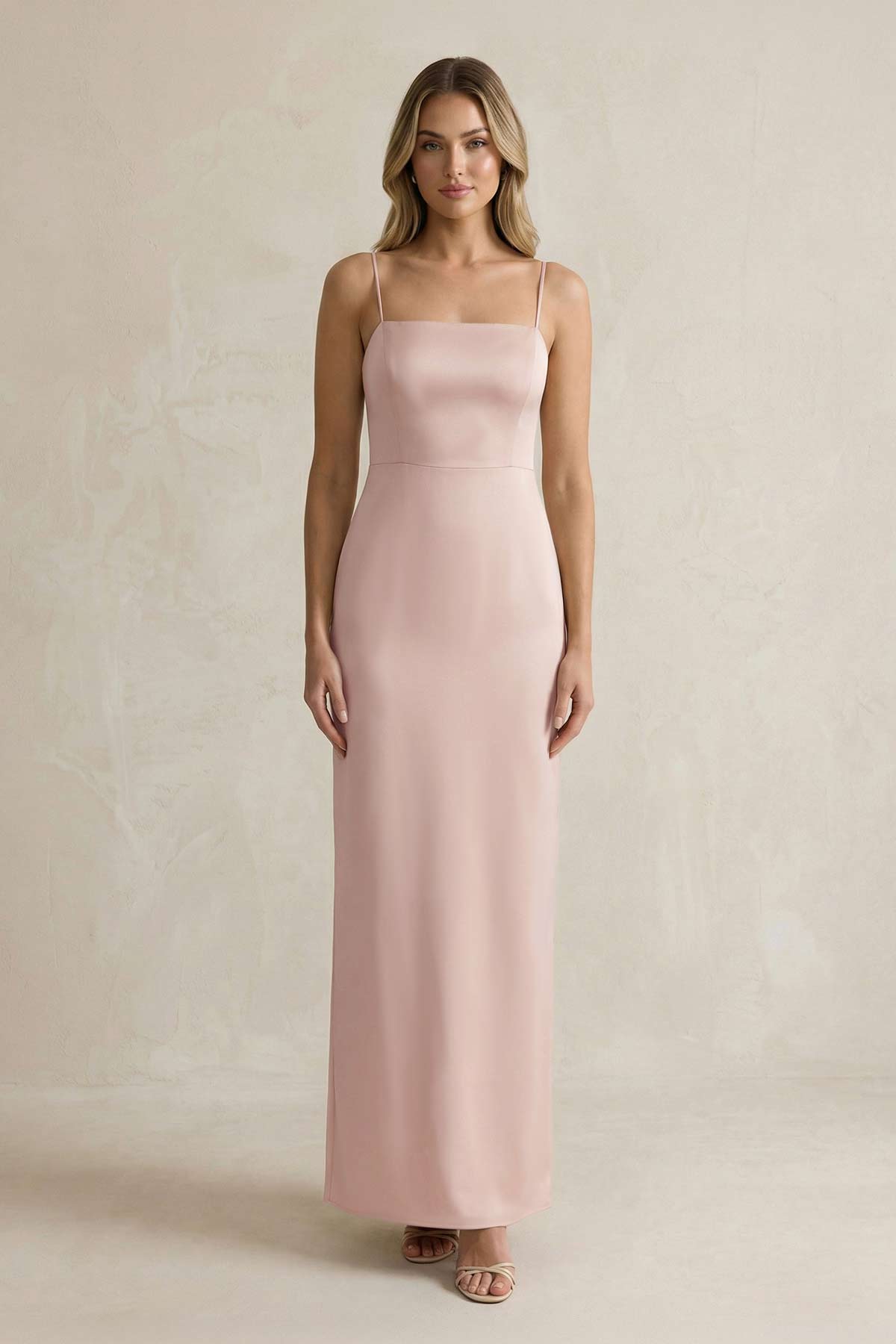Robe demoiselle d’honneur english rose longue à fines bretelles sans manches satinée - Harana