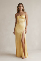 Robe longue jaune à fines bretelles avec fente - Harana