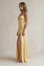 Robe longue jaune à fines bretelles avec fente - Harana