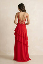 Robe longue rouge à fines bretelles à volants - Harana