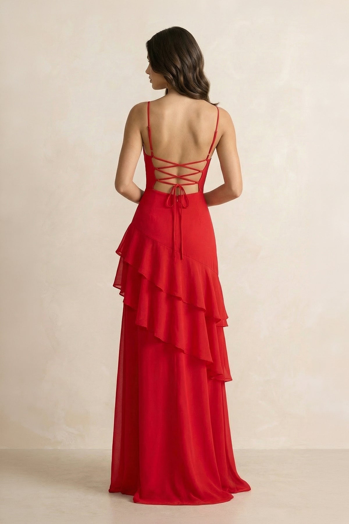 Robe longue rouge à fines bretelles à volants - Harana