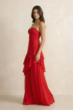 Robe longue rouge à fines bretelles à volants - Harana