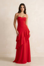 Robe longue rouge à fines bretelles à volants - Harana