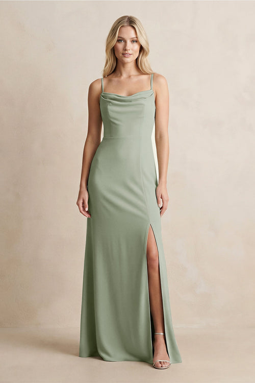 Robe de demoiselle d’honneur gris tourterelle longue satinée coupe fourreau à fines bretelles avec fente - Harana