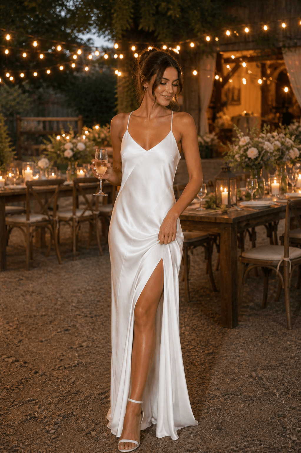 Robe de mariée blanche fourreau satinée à fines bretelles dos nu avec fente - Harana