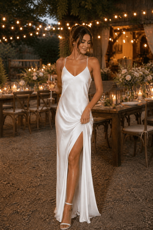 Robe de mariée blanche fourreau satinée à fines bretelles dos nu avec fente - Harana