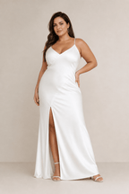 Robe de mariée blanche fourreau satinée à fines bretelles dos nu avec fente - Harana