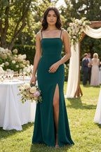 Robe demoiselle d’honneur pine longue à fines bretelles sans manches avec fente - Harana
