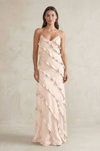 Robe demoiselle d’honneur buttercream longue à fines bretelles sans manches à volants - Harana