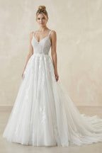 Robe de mariée blanche trapèze en tulle à fines bretelles sans manches - Harana