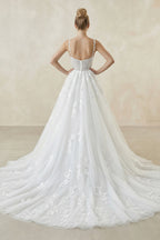Robe de mariée blanche trapèze en tulle à fines bretelles sans manches - Harana