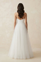 Robe de mariée blanche trapèze en tulle à fines bretelles sans manches - Harana