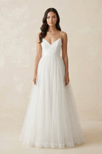 Robe de mariée blanche trapèze en tulle à fines bretelles sans manches - Harana