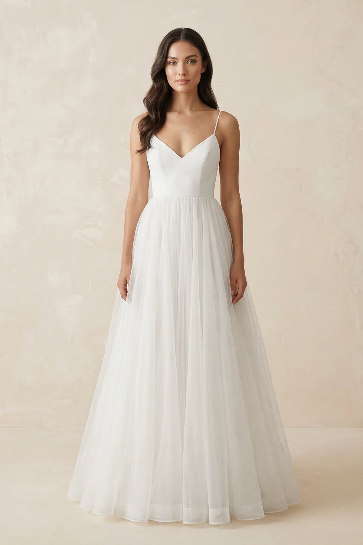 Robe de mariée blanche trapèze en tulle à fines bretelles sans manches - Harana