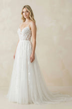 Robe de mariée blanche trapèze en dentelle à fines bretelles sans manches - Harana