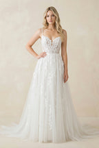 Robe de mariée blanche trapèze en dentelle à fines bretelles sans manches - Harana
