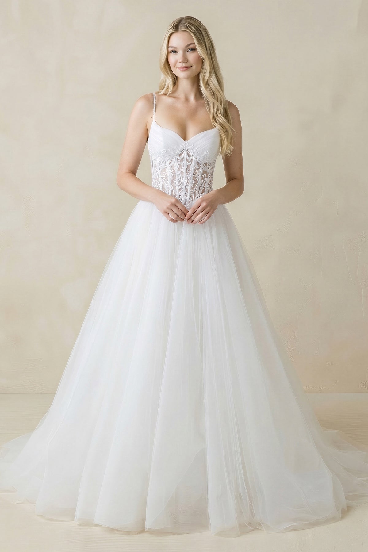 Robe de mariée blanche princesse en tulle à fines bretelles sans manches - Harana