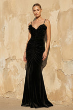 Robe longue noir en velours à fines bretelles - Harana