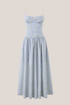Robe bleue longue en coton à fines bretelles et imprimé floral rétro - Harana