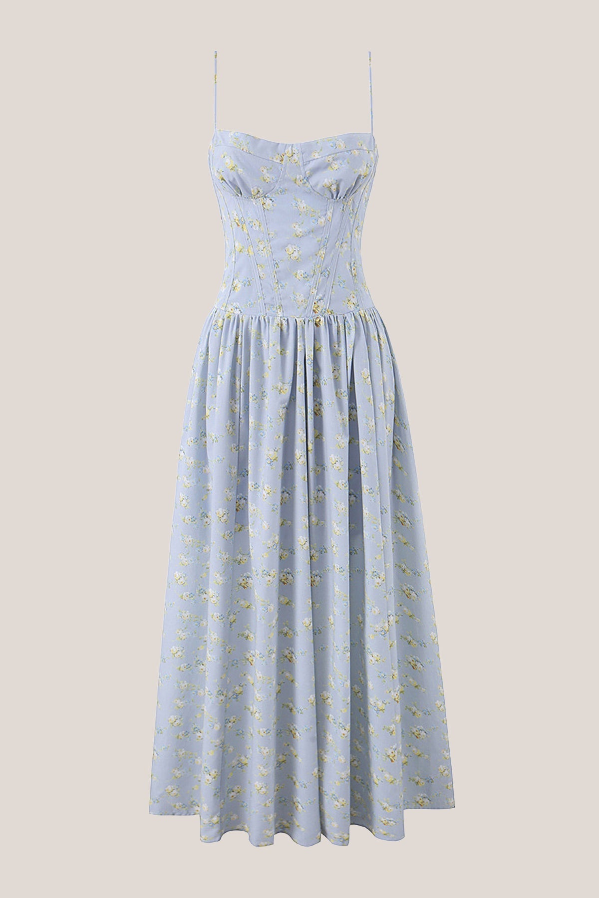 Robe bleue longue en coton à fines bretelles et imprimé floral rétro - Harana