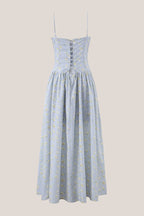 Robe bleue longue en coton à fines bretelles et imprimé floral rétro - Harana